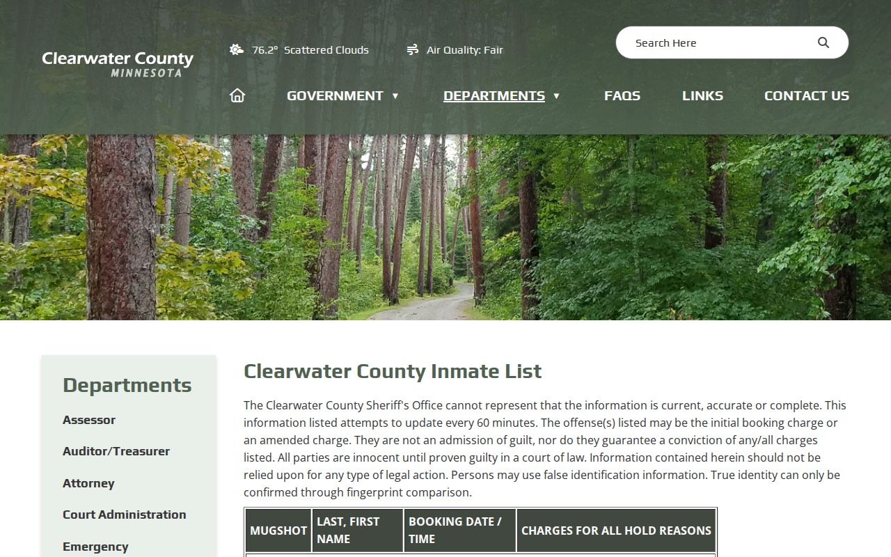 Clearwater County official current custody and booking-record roster